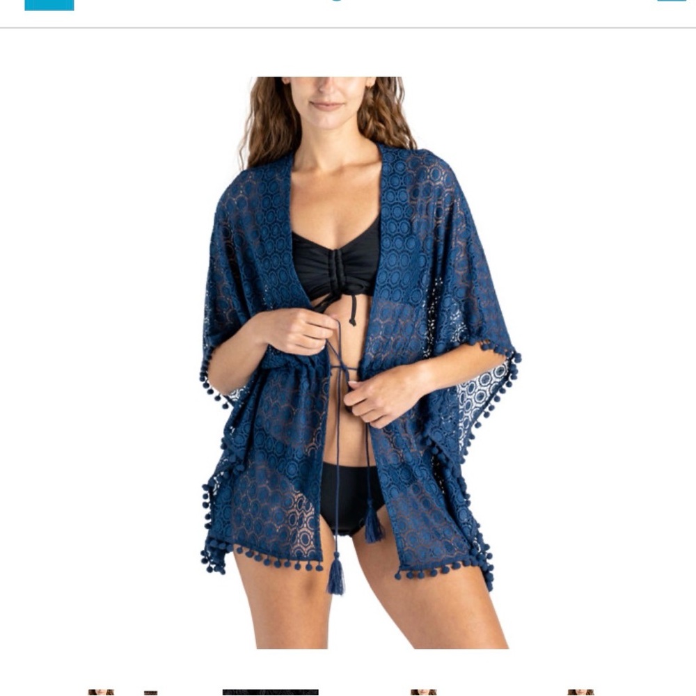 Navy Crochet Pom-Trim Swim‎ Coverup with Drawstring OS